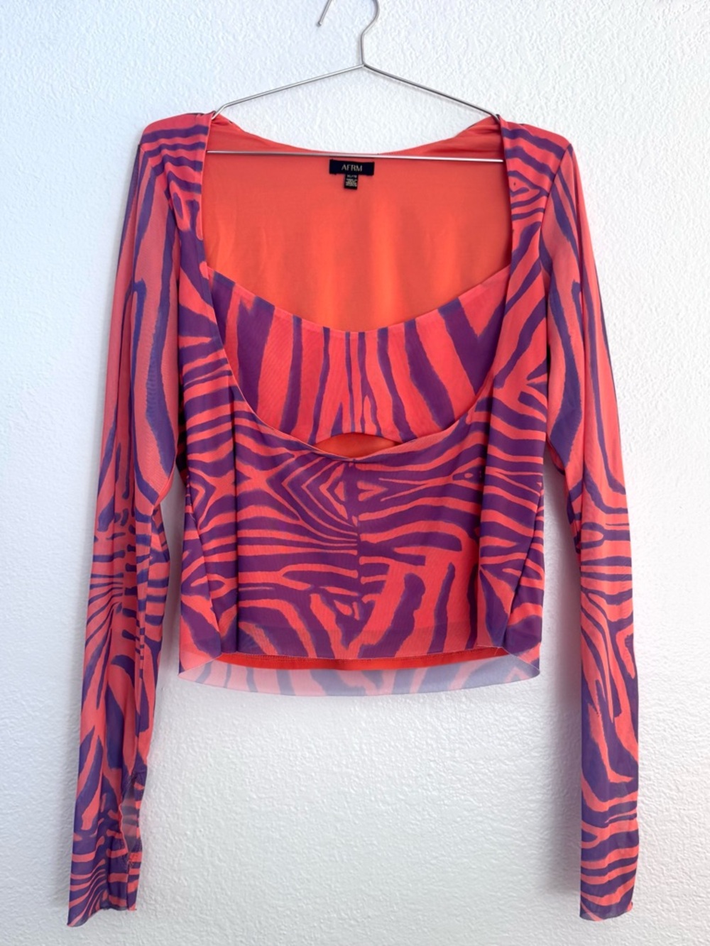 AFRM Mesh Cutout Long Sleeve Top Orange Purple Zebra Print XL